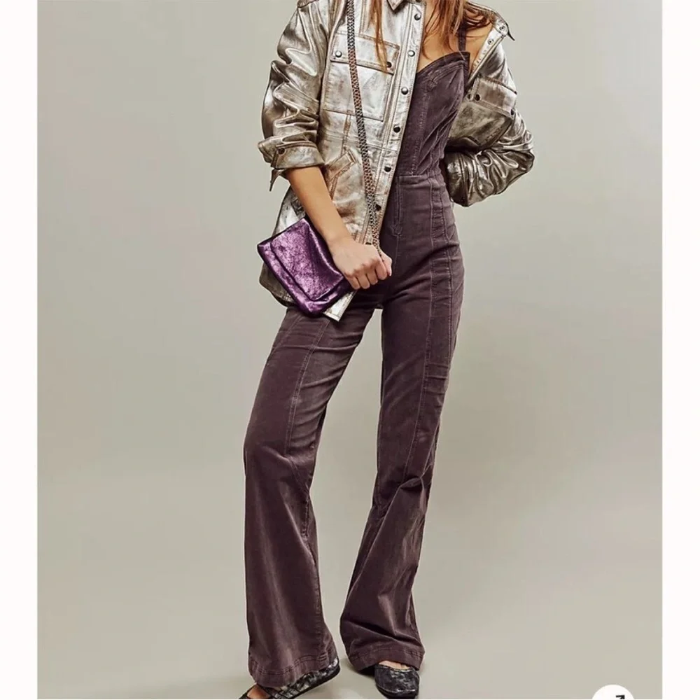 Free People How Low One-Piece Purple Velvet Overalls Vintage Style Low Back 4